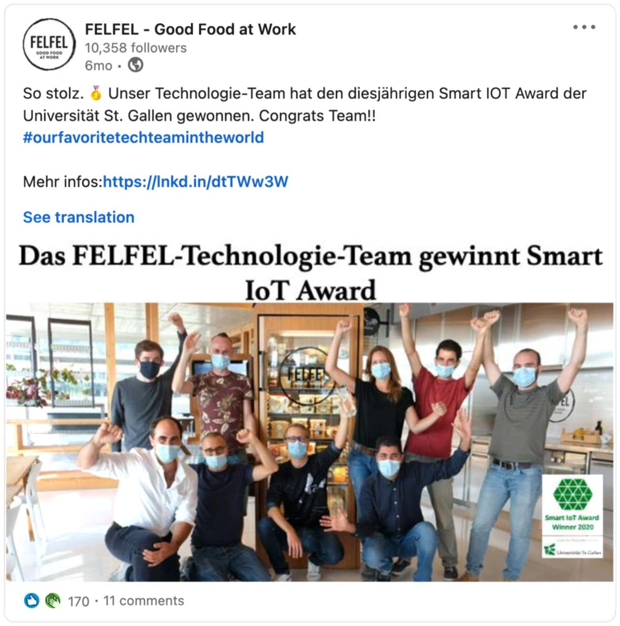 Linkedin Post: FELFEL technology team winning IOT prize